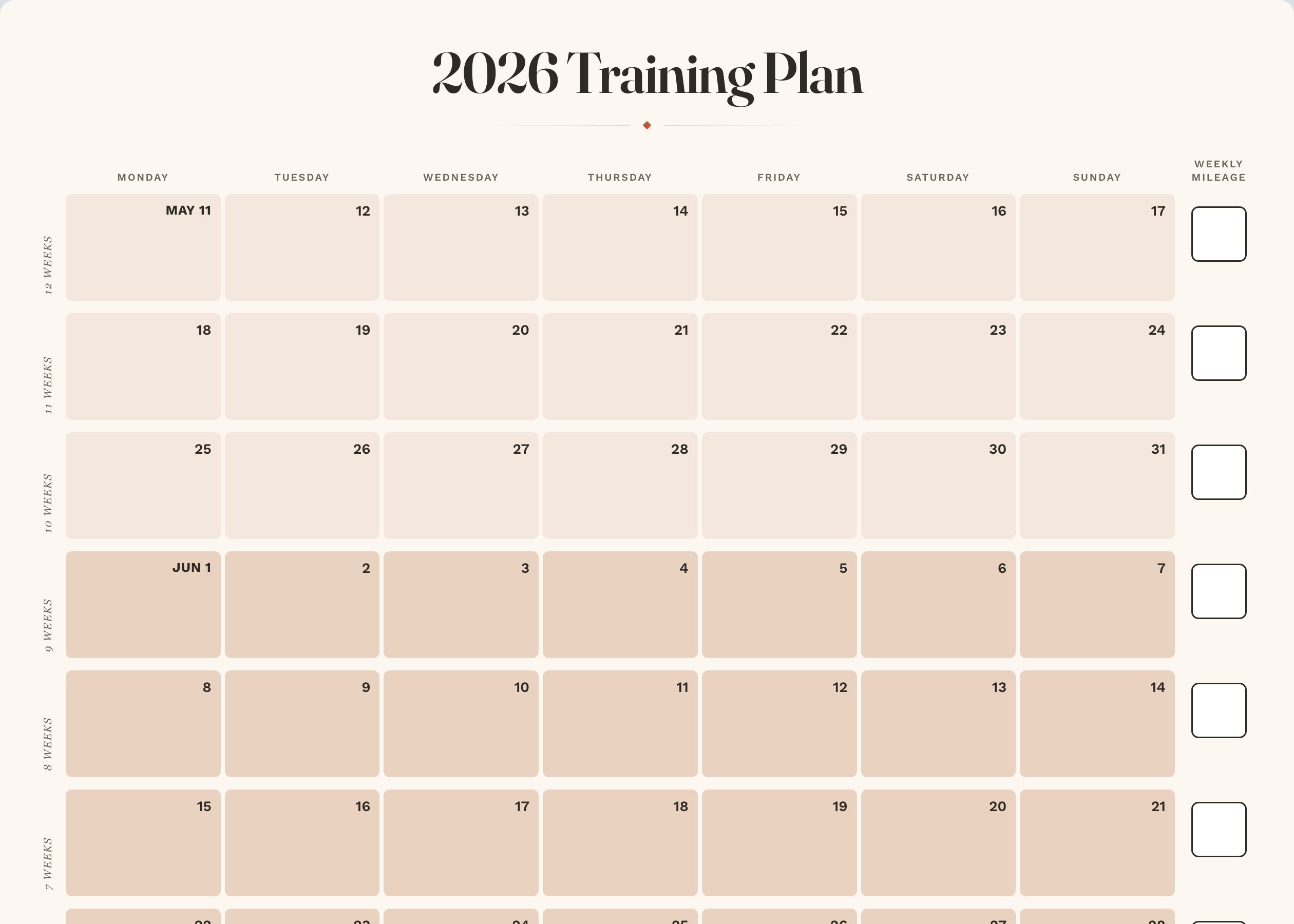 A training plan in the Clay theme on plain paper, each month banded in a deeper shade of terracotta, with the habit tracker turned off.