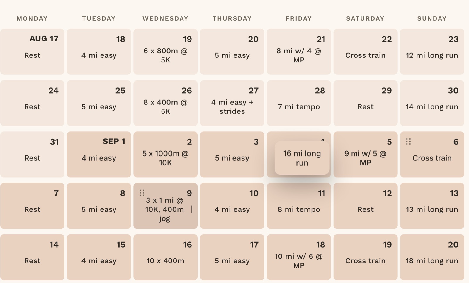 A close view of the plan grid: one week's long run lifted out of Sunday and sliding toward midweek, while a Wednesday square is being typed into.