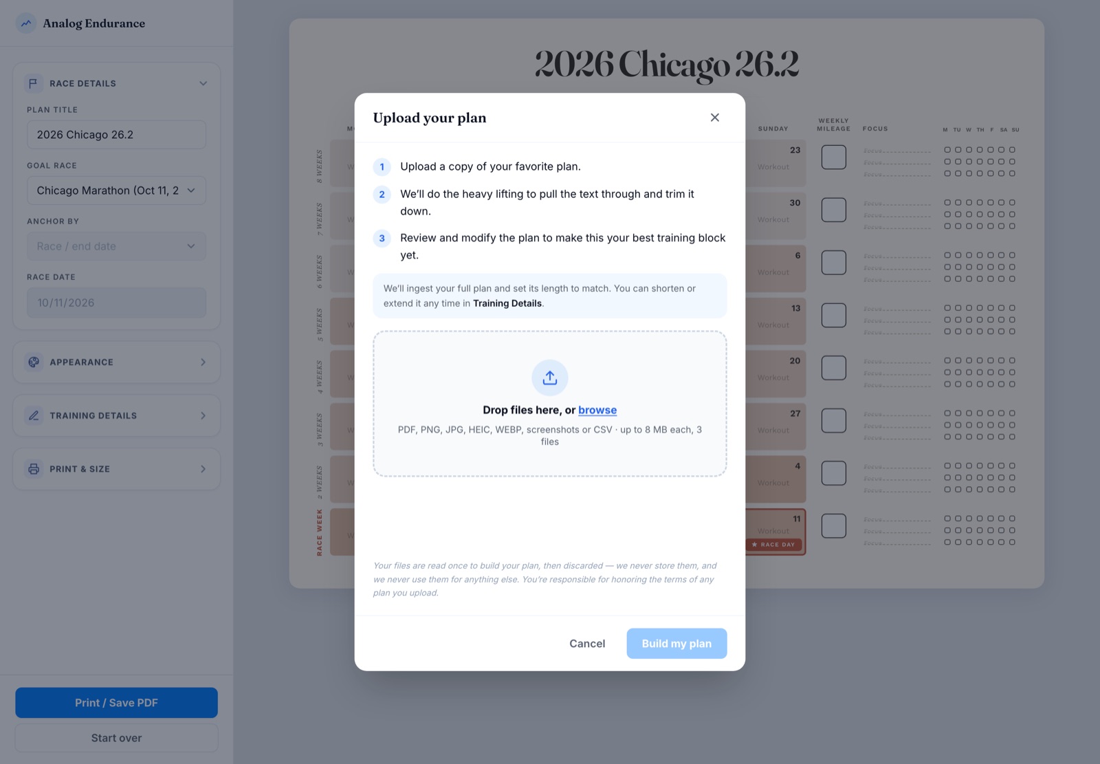The Analog Endurance builder with its upload dialog open, inviting a PDF, photo, screenshot, or CSV of an existing training plan.