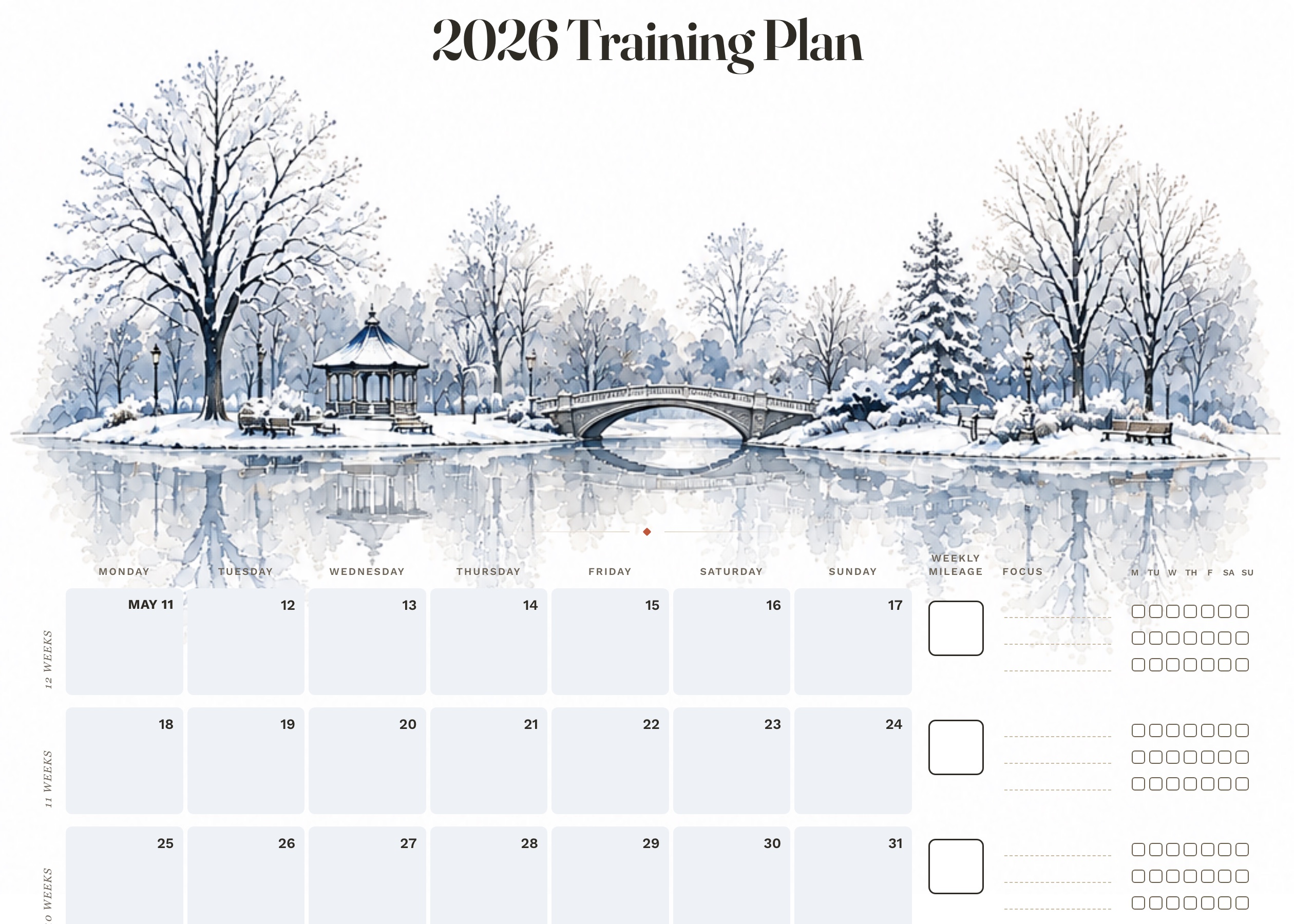 A training plan with the Winter Park watercolor across its masthead, banded in cool blues.